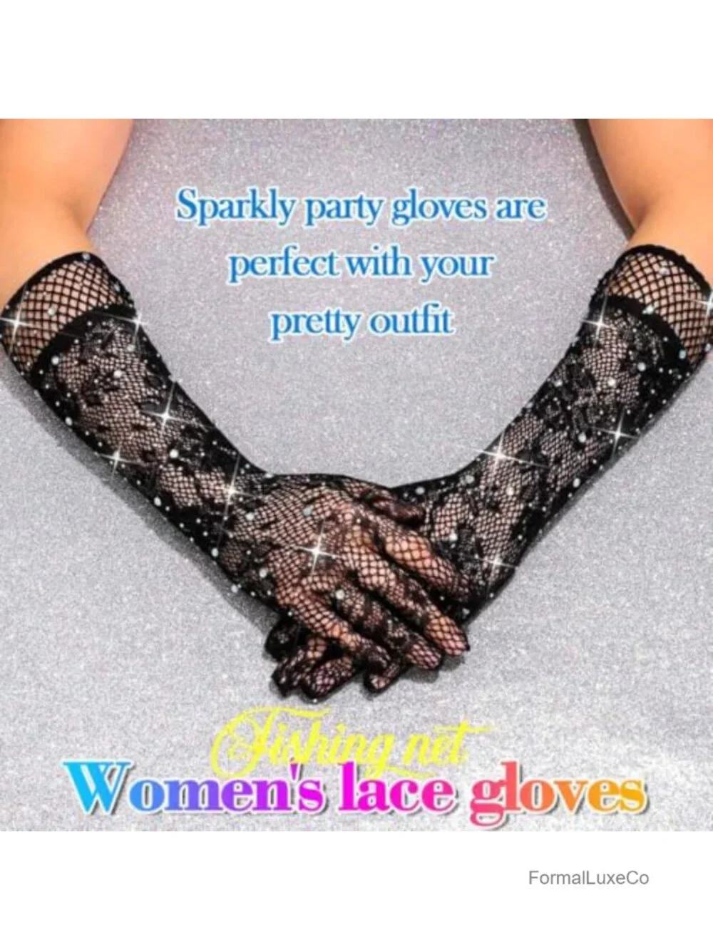 Sparkly Rhinestone Fishnet Gloves Long Lace Elbow Length Arm Sleeves Mesh Prom